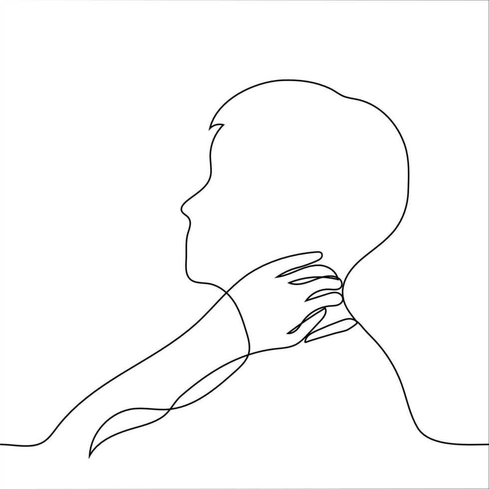 The profile of a man holding his lower nape is one line drawing. Concentration of meditation, self-massage, neck pain vector