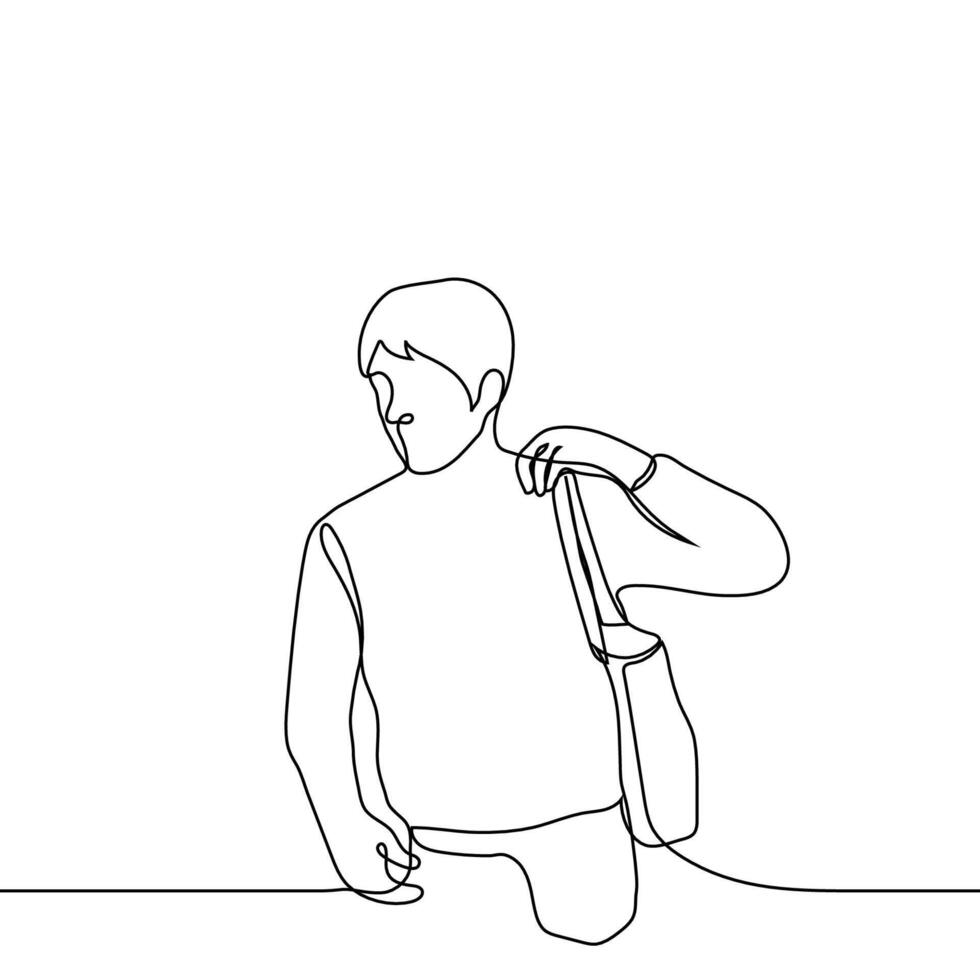 man pulling the handle of a shopper bag over his shoulder - one line drawing vector. buyer concept, male shopping, eco bag vector