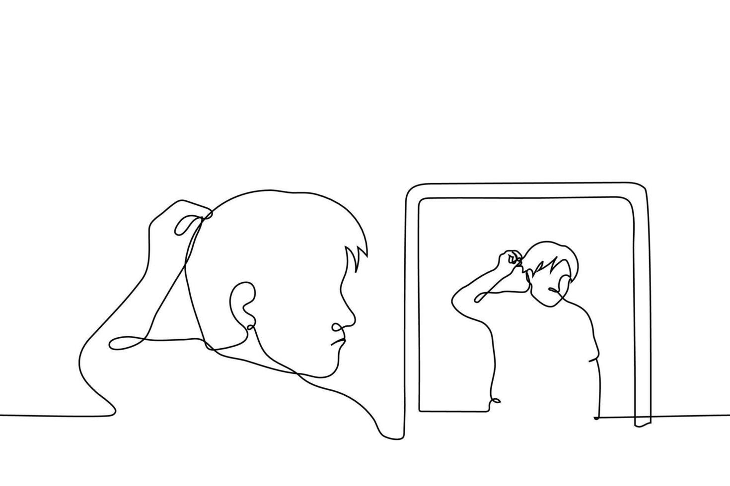 man stands in front of a mirror and touches his hair - one line drawing vector. concept of messed up hair, hair loss or male pattern baldness vector