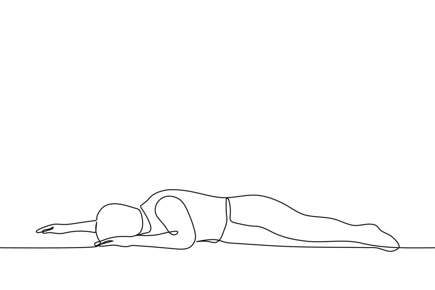 man lies prone on the floor - one line drawing vector. the concept of fatigue, dead man, procrastination, depression, apathy, laziness, impotence vector