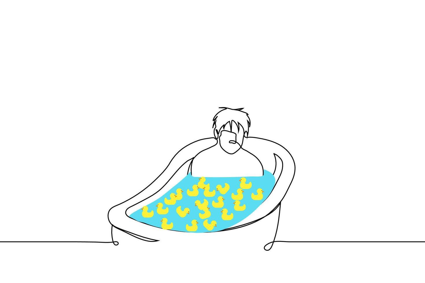 man is sitting in full bath and yellow rubber ducks are floating there - one line drawing vector. concept sad adult man taking a bath nostalgic for childhood vector