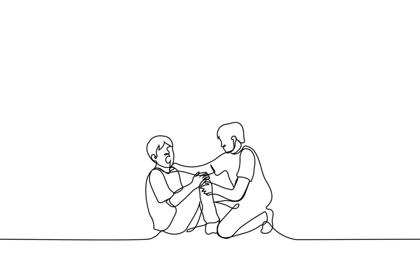 man fell on the floor and holds on to leg and screams in pain while second is concerned and offers help - one line drawing vector. concept help passerby, empathy, social experiment, kindness vector