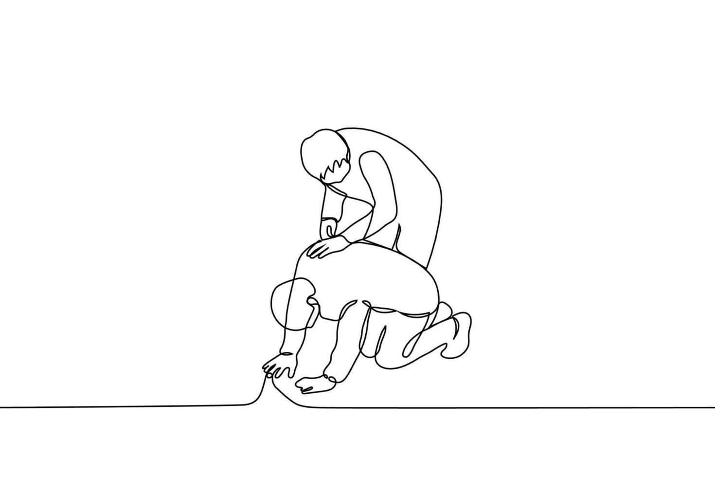 man feels bad and second one worries about him stroking his back - one line drawing vector. ambulance concept, comfort crying sobbing man, worry and care for someone vector