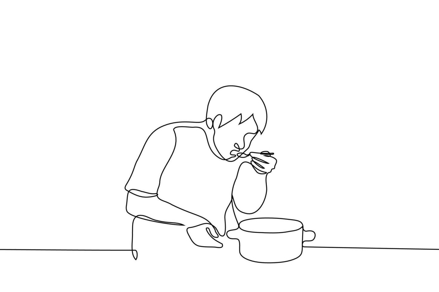 man eats with spoon straight from pan - one line drawing vector. concept of night eating, compulsive overeating, eating disorder, diet violation vector
