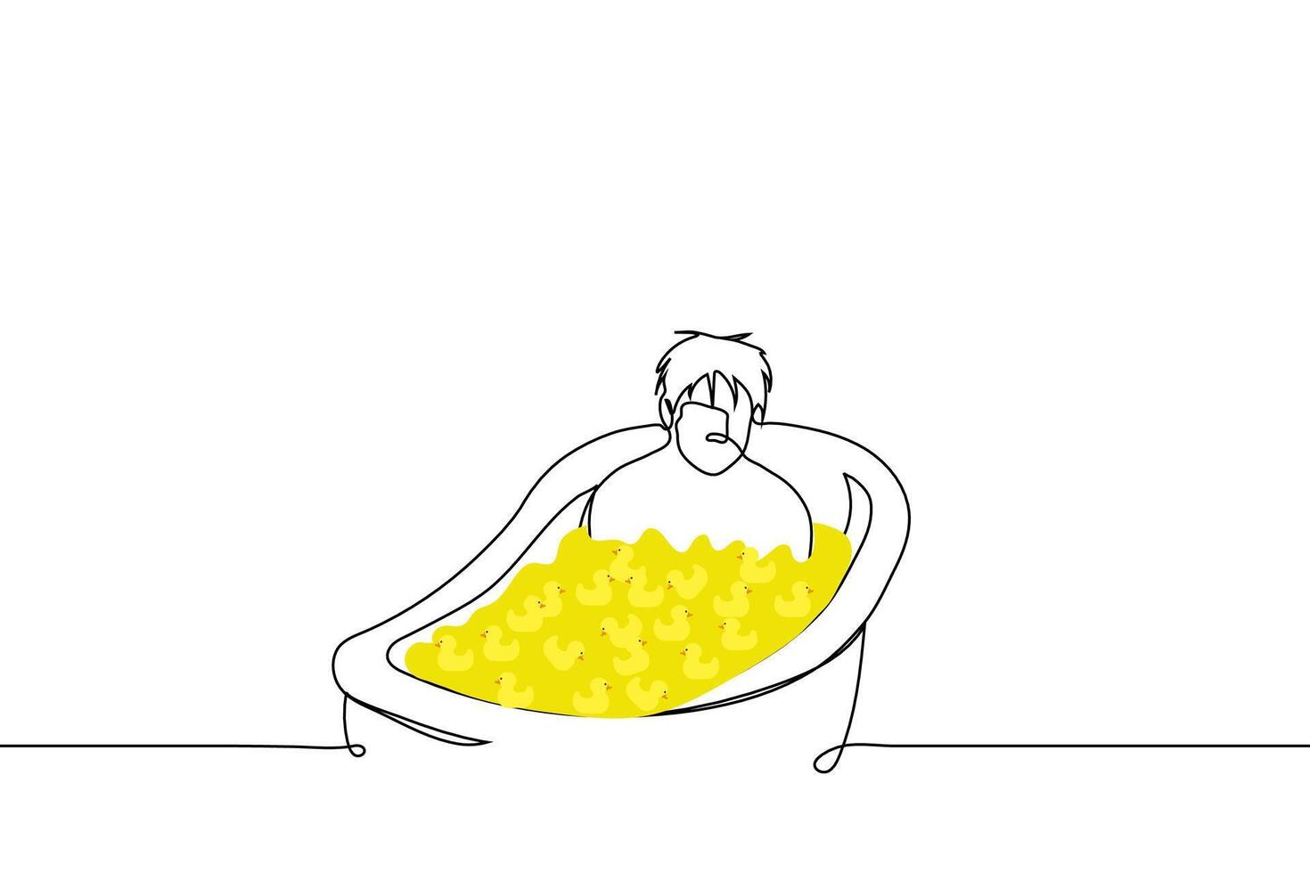 man sitting in bathtub filled with yellow rubber ducks - one line drawing vector. concept adult man sad in bathtub full of toy ducks vector