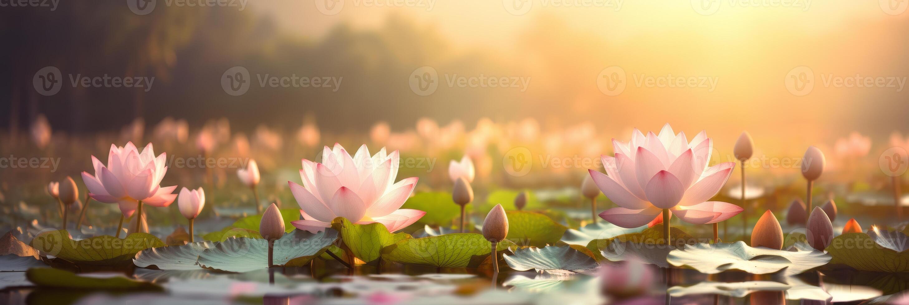 AI generated Lotus flowers banner on blurred background with copy space, nature concept for design photo