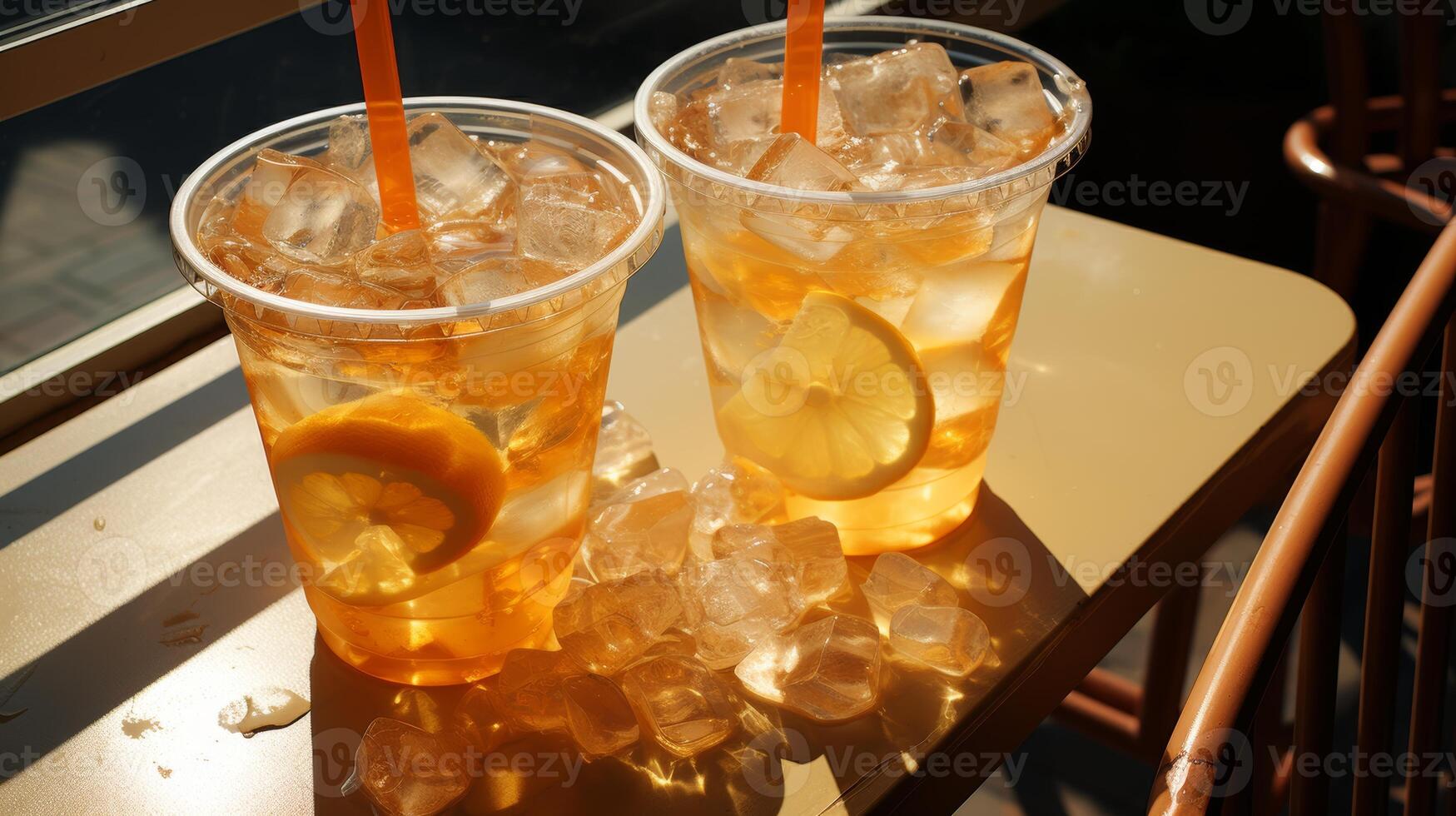 AI generated Surreal large plastic cup filled with freshly squeezed orange juice and refreshing visible ice cubes photo