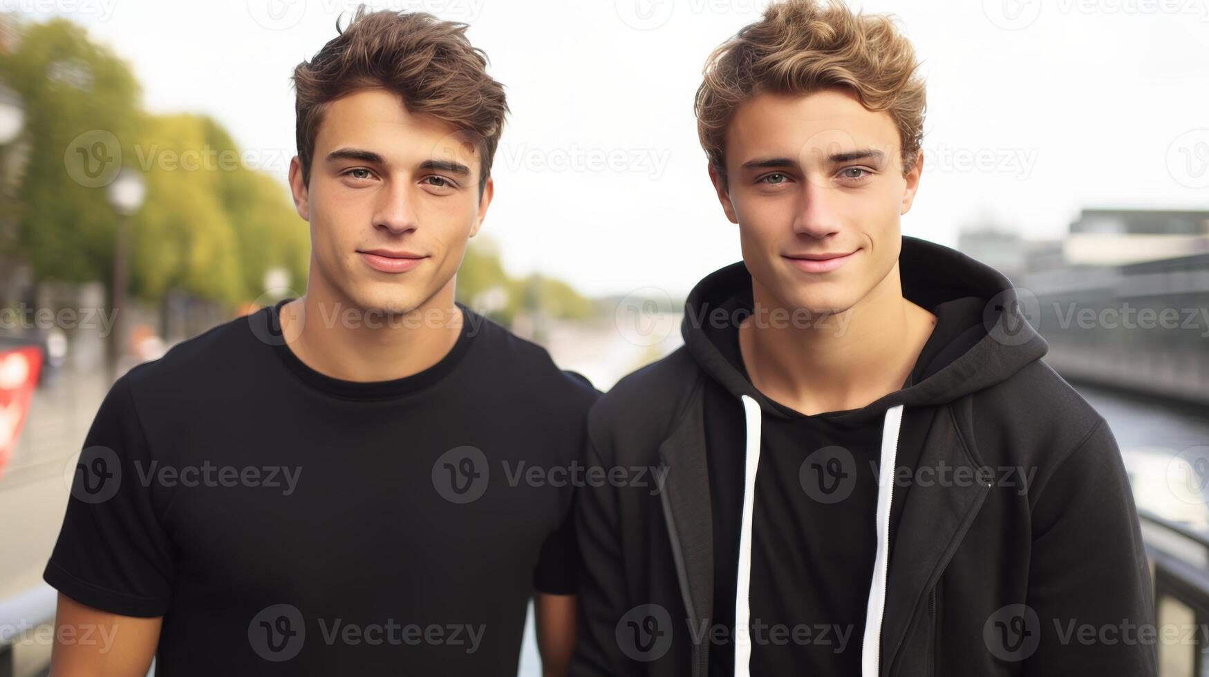 AI generated Brothers concept - two affectionate young men happily looking at the camera photo