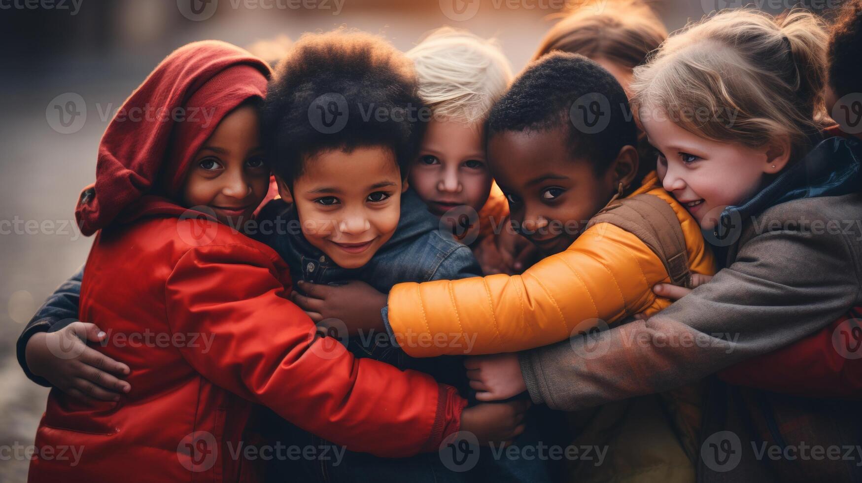 AI generated Unity of children from different ethnicities embracing, blurred background with copy space photo