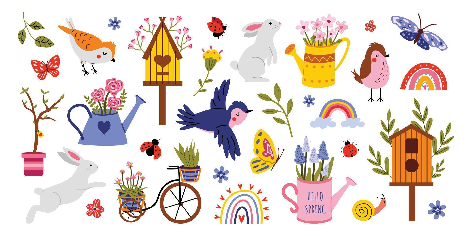 Large vector spring set. Spring season. Flowers, birds, birdhouses, watering cans, butterflies, rabbit. Collection of spring elements for scrapbooking. Hand drawn style.