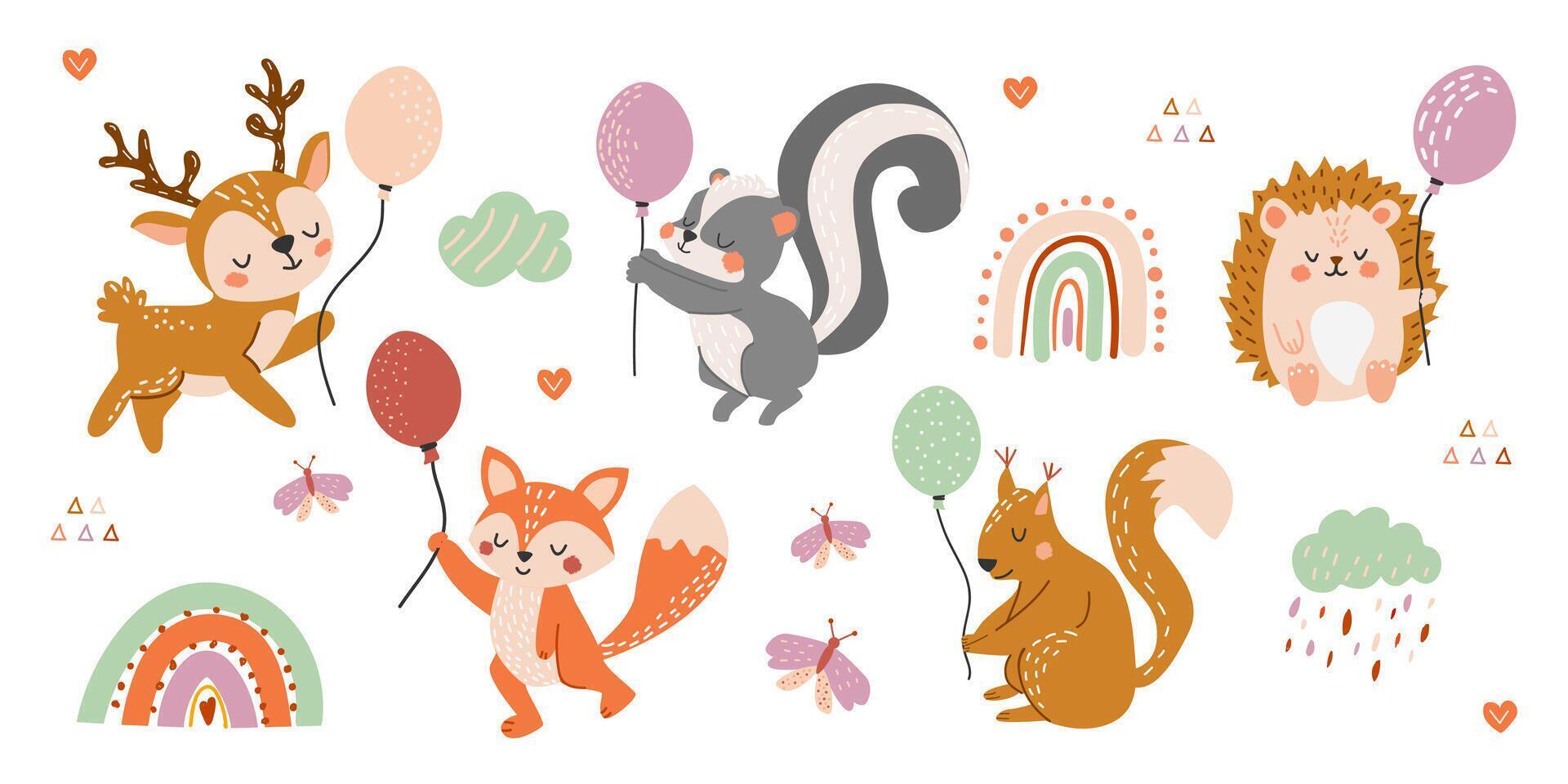 Set of cute forest animals with balloons. Vector illustration in hand drawn style. Deer, squirrel, skunk, hedgehog, fox, rainbow, clouds in flat style. Children's creative illustration.