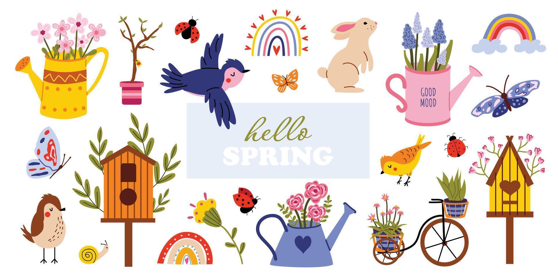 Large vector spring set. Hello spring. Flowers, birds, birdhouses, watering cans, butterflies, rabbit. Collection of spring elements for scrapbooking. Hand drawn style. Banner, poster .