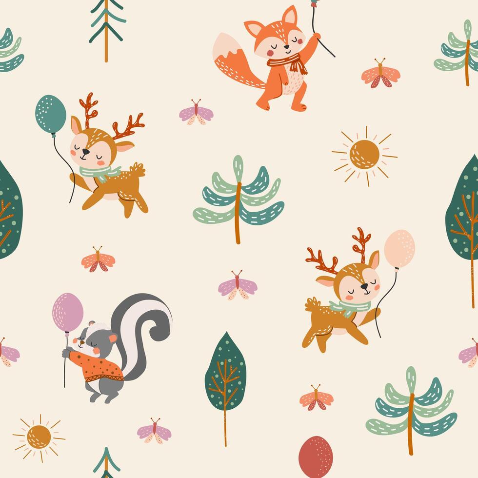 Cute forest animals seamless pattern. Baby pattern for fabric. Deer, squirrel, fox, skunk, trees. Creative print for fabric, children's room. Nursery pattern in flat cartoon style. vector