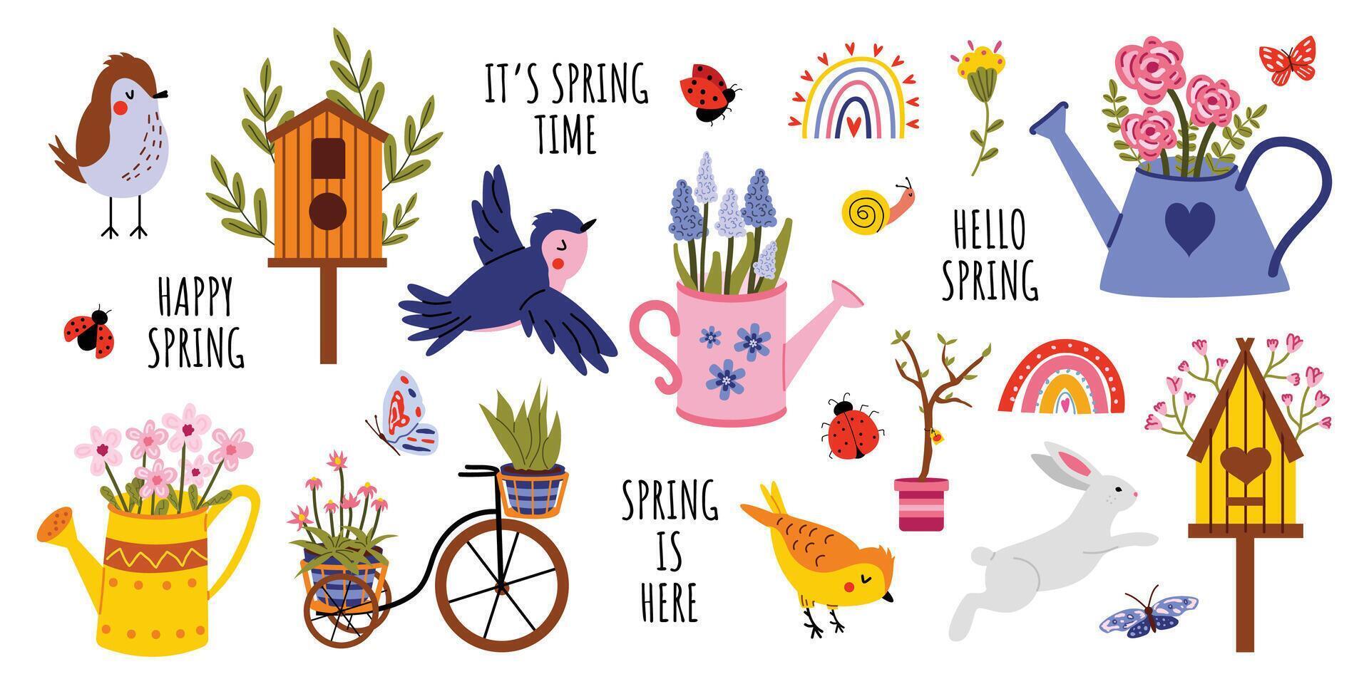 Vector spring set. Hello spring. Flowers, birds, birdhouses, watering cans, butterflies, bunny, bicycle. Collection of spring elements for scrapbooking. Hand drawn style. Banner, poster .