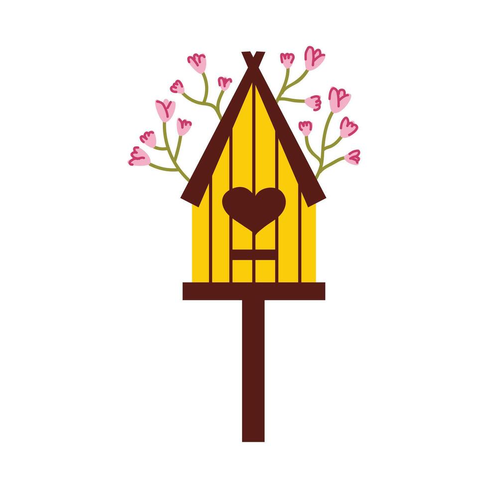 Cute vector birdhouse. Wooden house for birds. Hand drawn style. White isolated background.