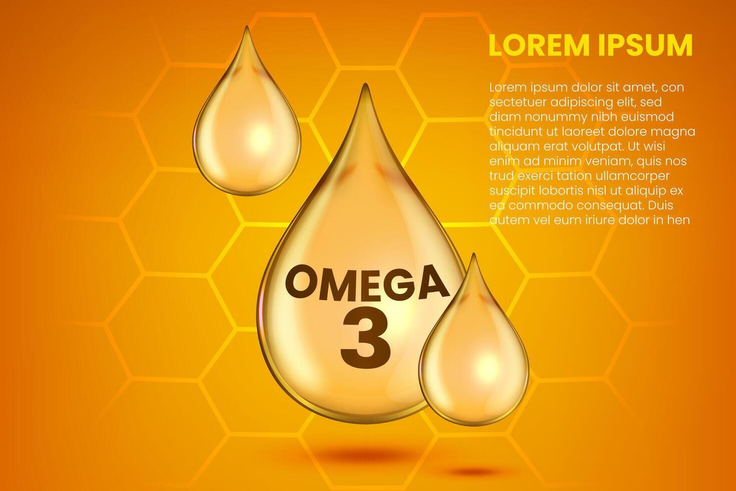 omega 3 vitamina concepto, oro esencia gotita, sano fórmula, vector ilustración