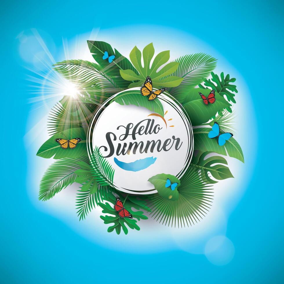 Hola verano firmar con tropical hojas y azul antecedentes. adecuado para verano concepto, vacaciones, y verano día festivo, vector ilustración