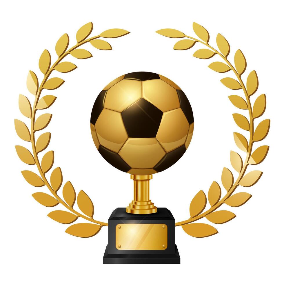 Realistic Gold Soccer Ball Trophy with Gold Laurel Wreath, Isolated on White Background, Vector Illustration