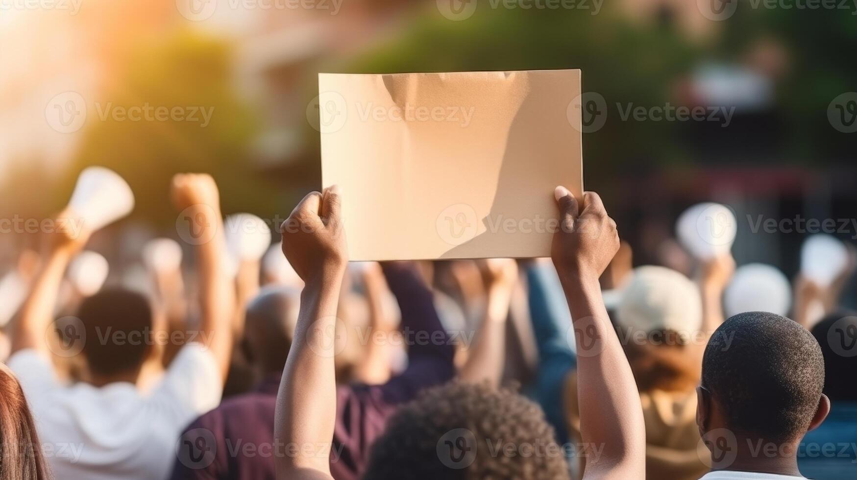 AI generated Protesters marching with blank banner, demonstration concept with space for text or logo photo