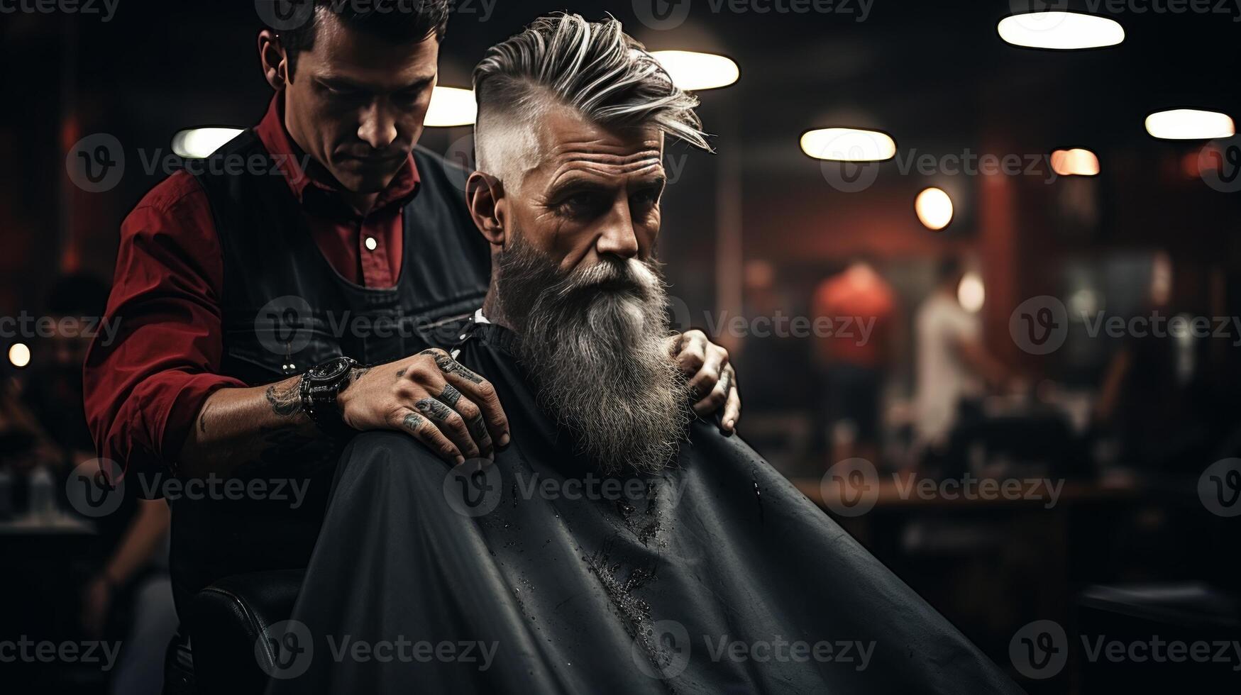 AI generated Man getting haircut in barbershop with space for text overlay, grooming salon setting photo