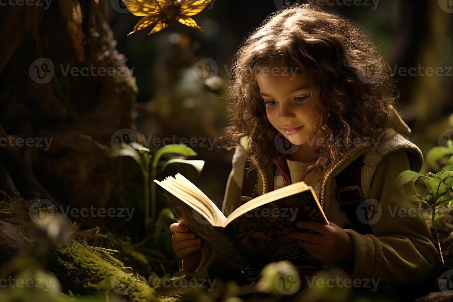 AI generated Enchanting fantasy world. young child reading adventure book in magical illumination photo