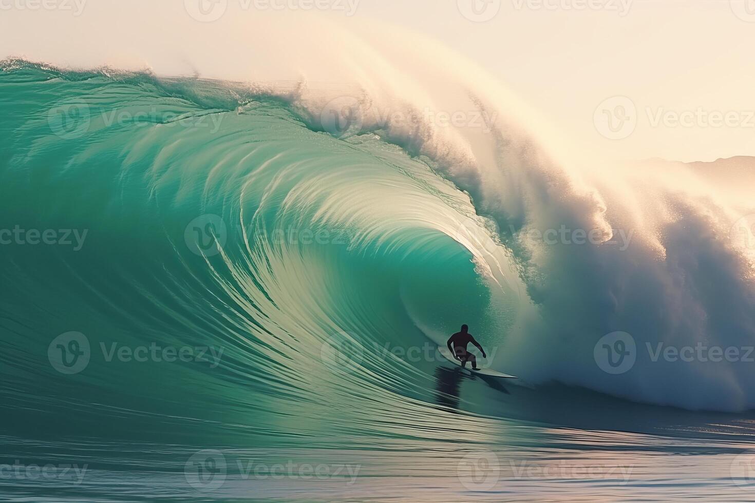 AI generated Adventurous surfer conquers epic wave, providing ample opportunities for compelling text placement photo