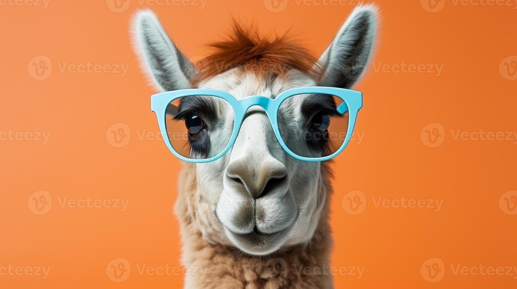 AI generated Cute alpaca wearing sunglasses in funny pose on vibrant orange background with ample copy space photo