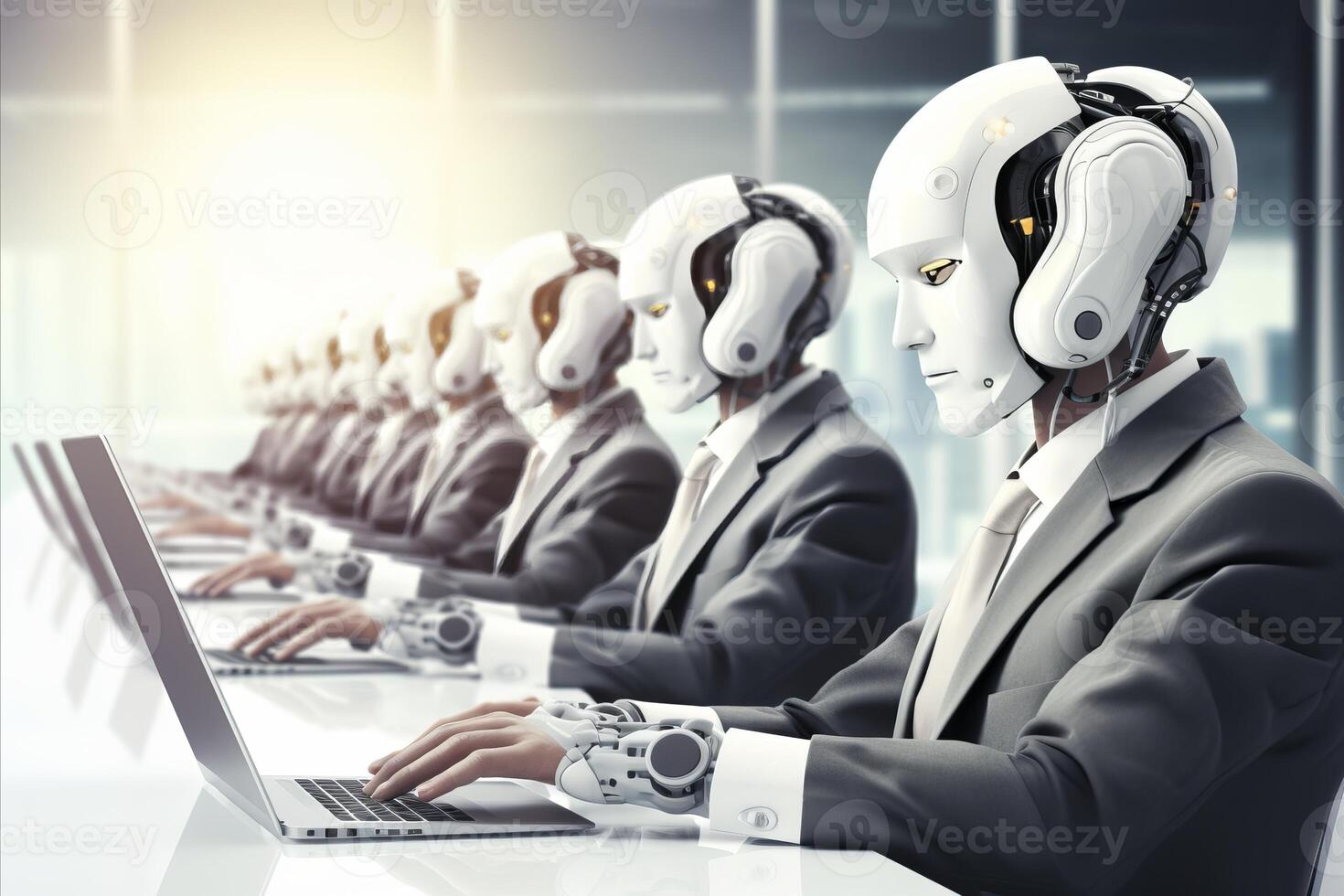 AI generated Robotic call center operators handling customer service calls and assisting clients photo