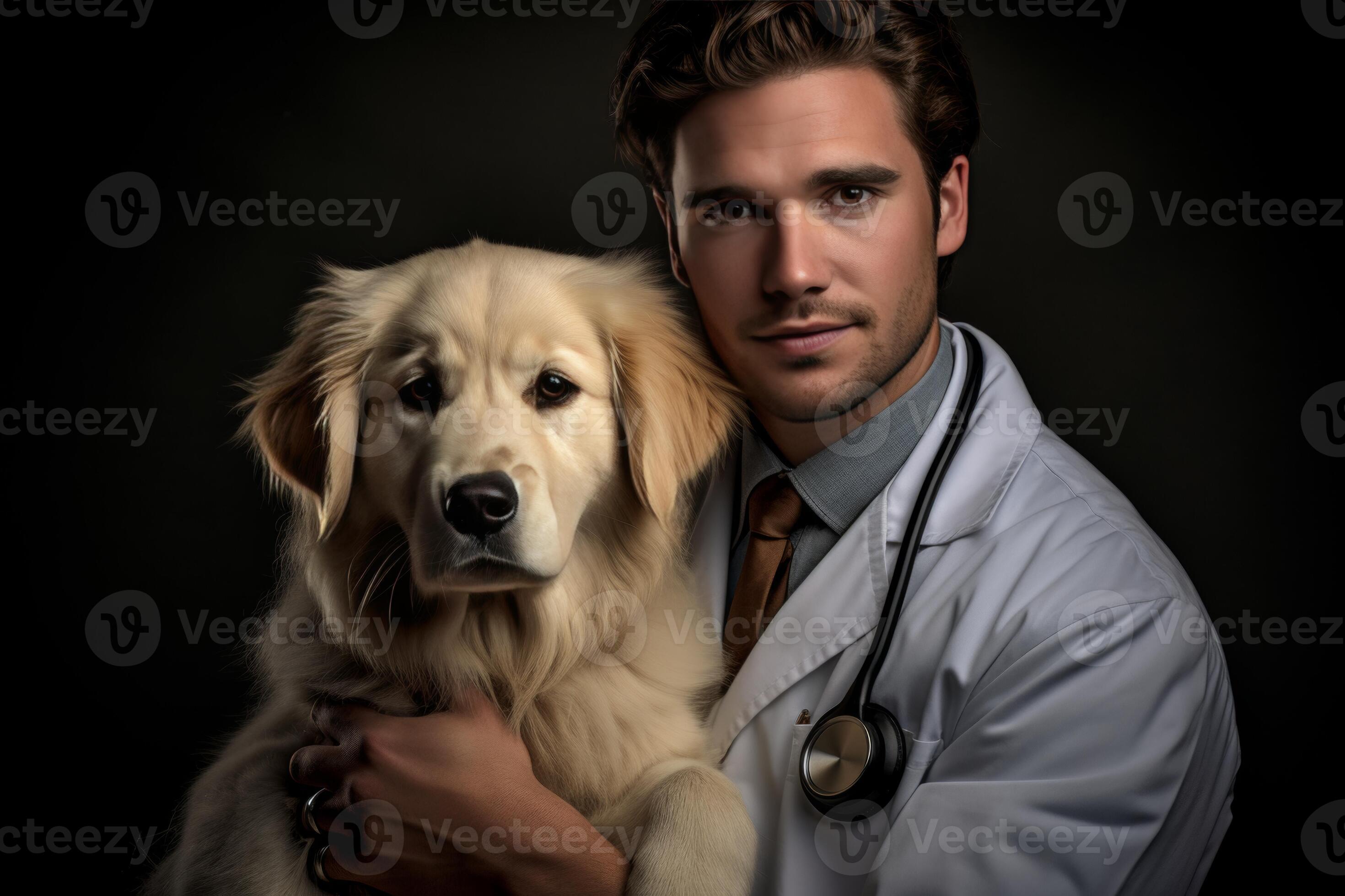 AI generated Golden retriever labrador dog in veterinarians arms. Pet
