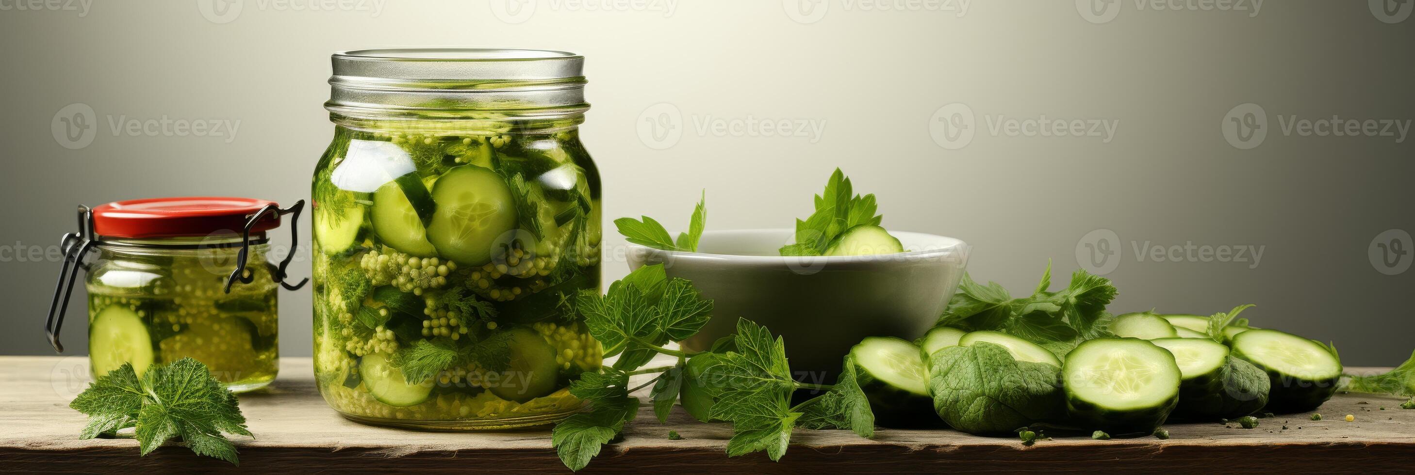 ai generado título. en escabeche pepinos en vaso tarro con vinagre gota. bandera foto