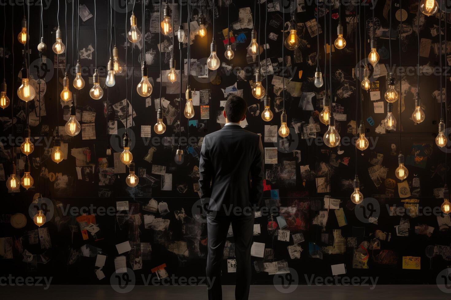 AI generated Eureka. man has a brilliant idea - light bulb shining above him, ample space for captivating text photo