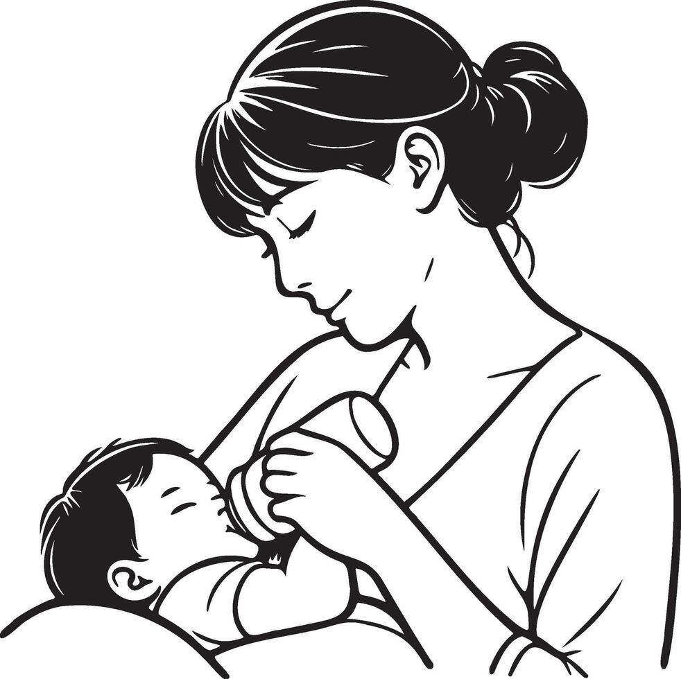 Mother Bottle Feeding Line Illustration. vector