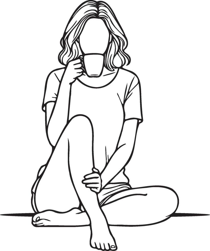 Woman Drink Coffee at Home Sketch Drawing. vector