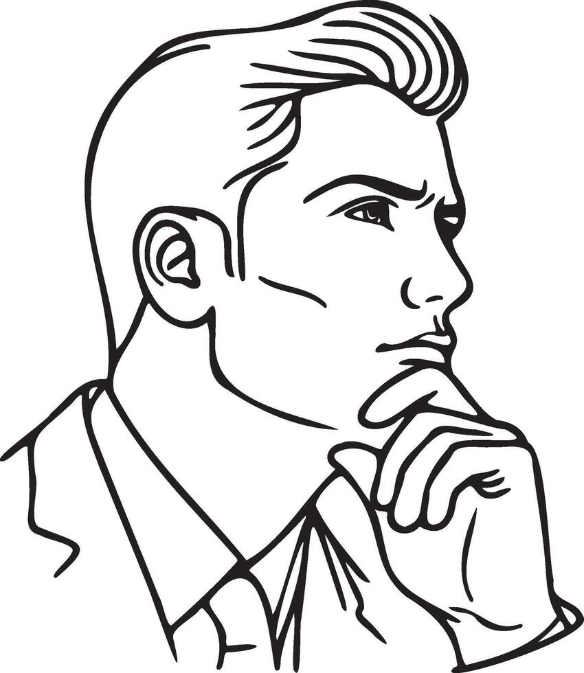 Man Face Thinking Line Art. vector