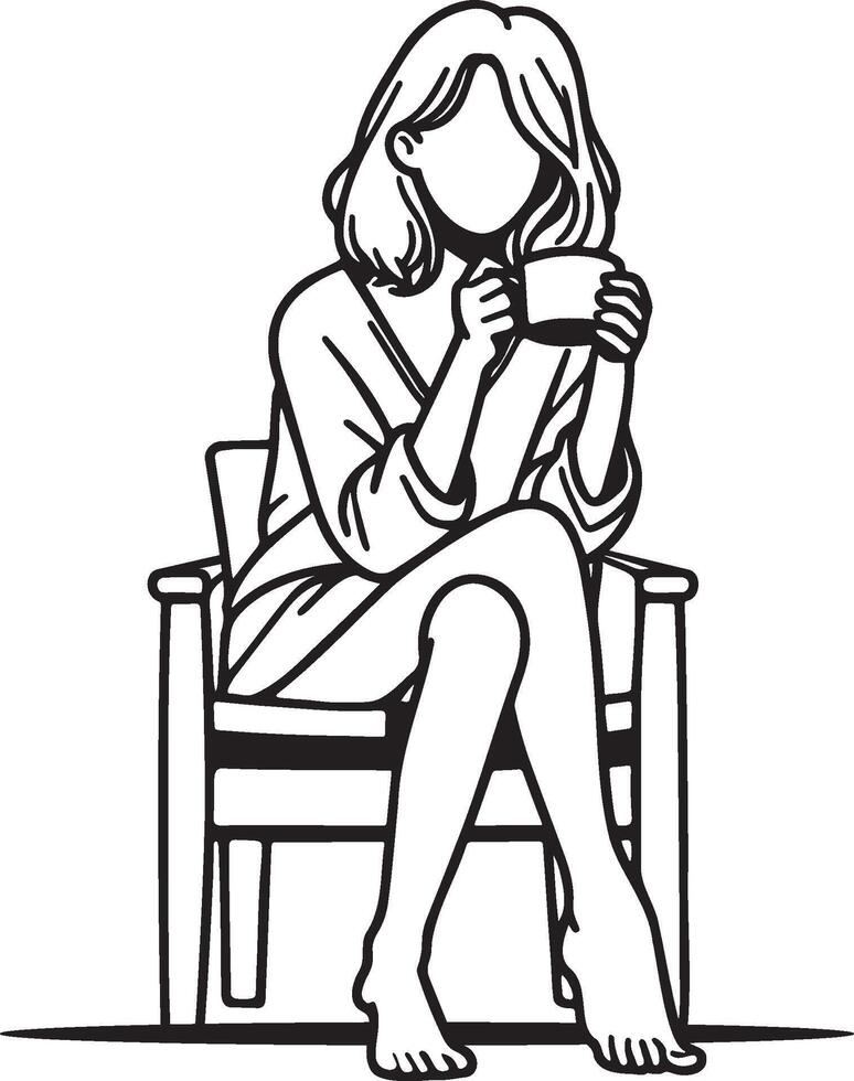Woman Drink Coffee at Home Sketch Drawing. vector