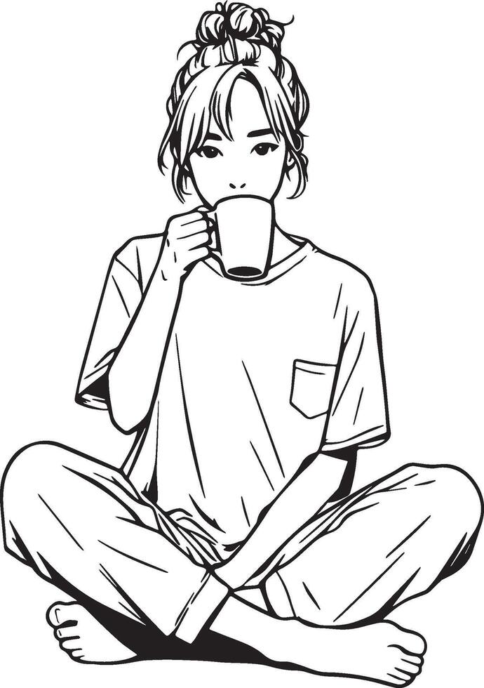mujer bebida café a hogar bosquejo dibujo. vector
