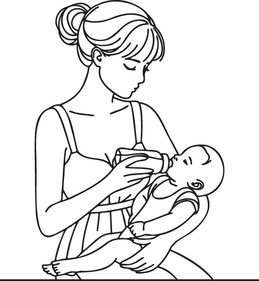 Mother Bottle Feeding Line Illustration. vector
