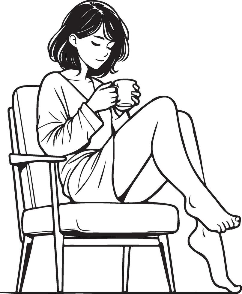 Woman Drink Coffee at Home Sketch Drawing. vector