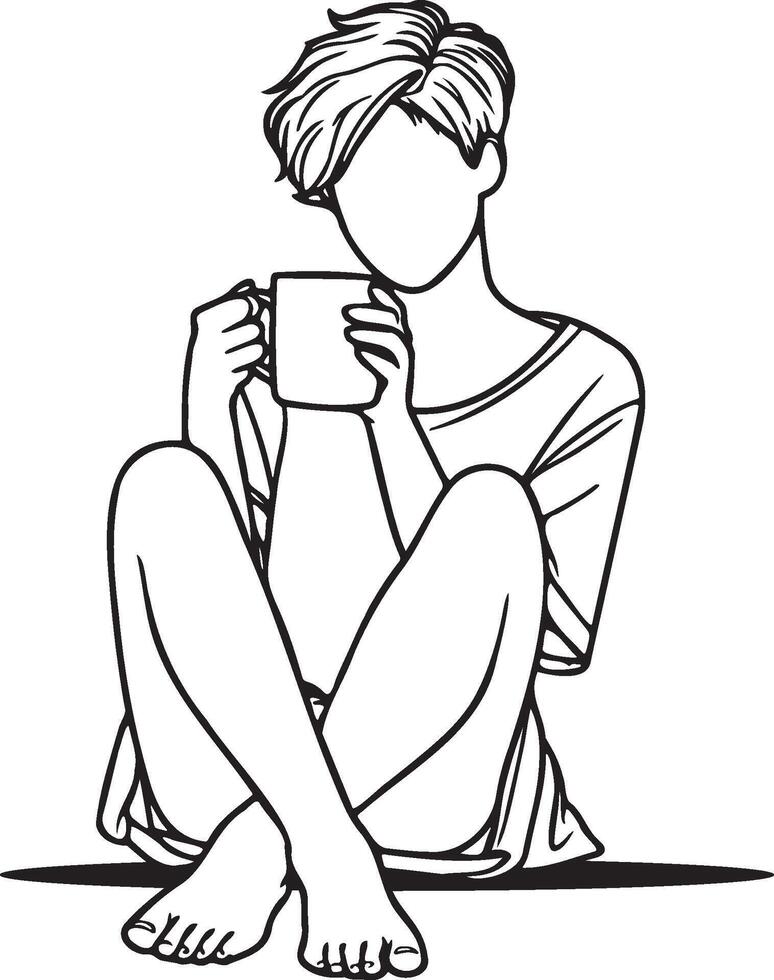 mujer bebida café a hogar bosquejo dibujo. vector