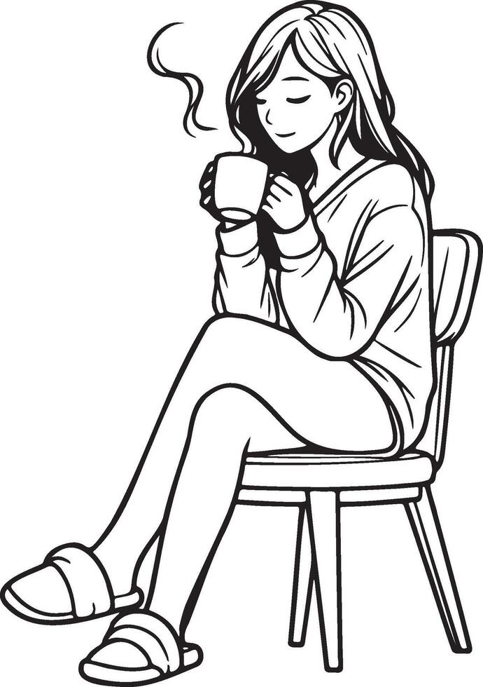 Woman Drink Coffee at Home Sketch Drawing. vector
