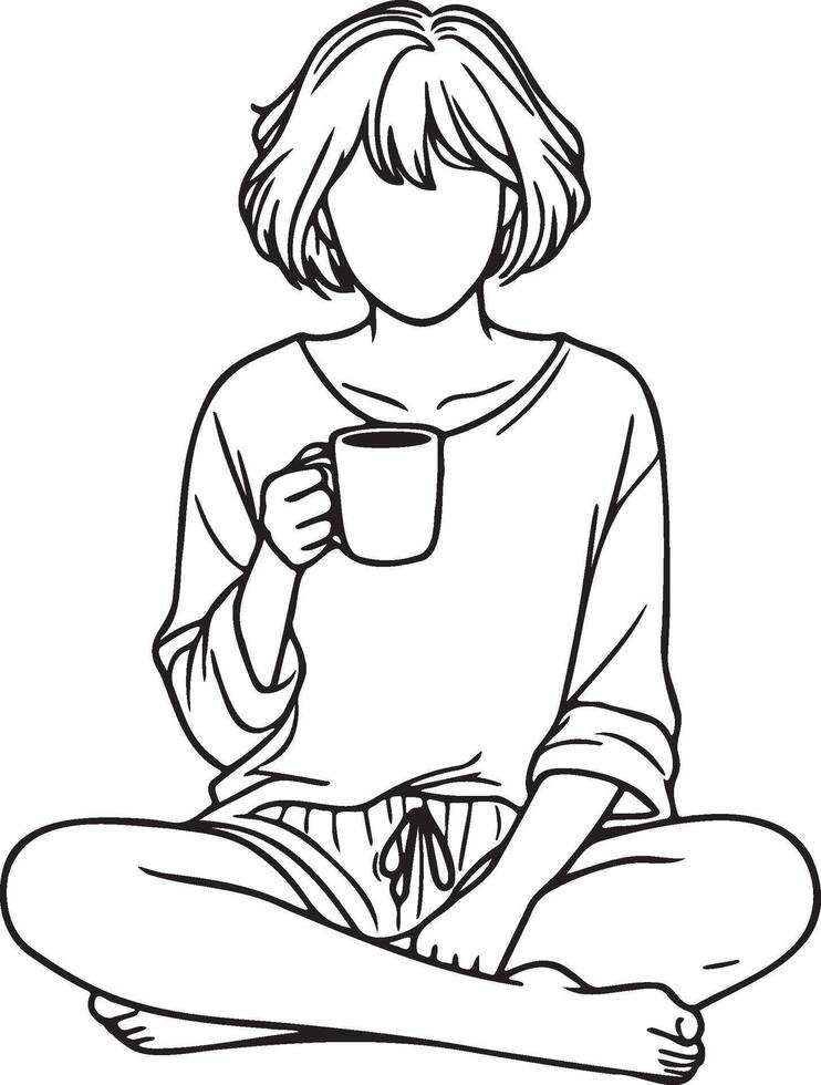 Woman Drink Coffee at Home Sketch Drawing. vector