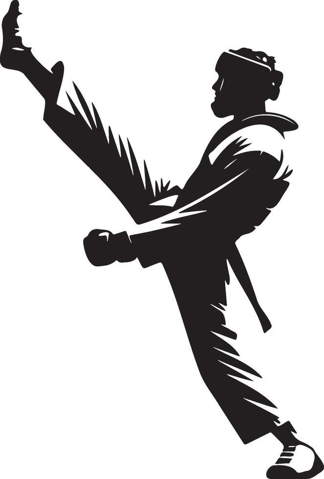 Male Taekwondo Player Kick Silhouette. vector
