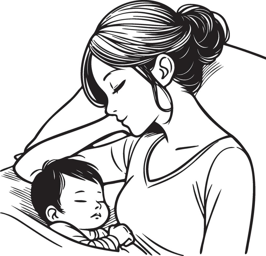 Mother and Baby Care Sketch Drawing. vector