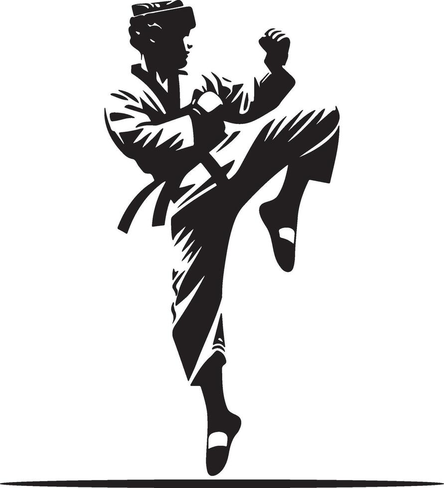 Male Taekwondo Player Kick Silhouette. vector