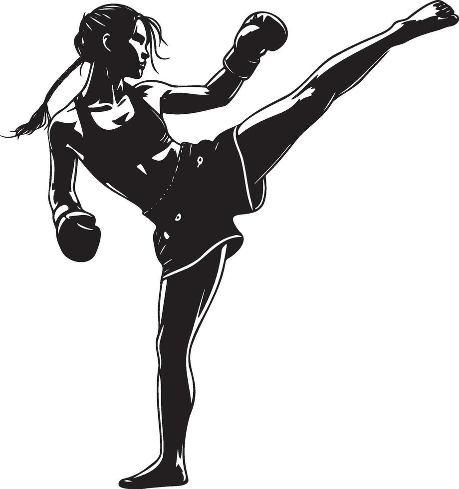 Female Kickboxing Player Silhouette. vector