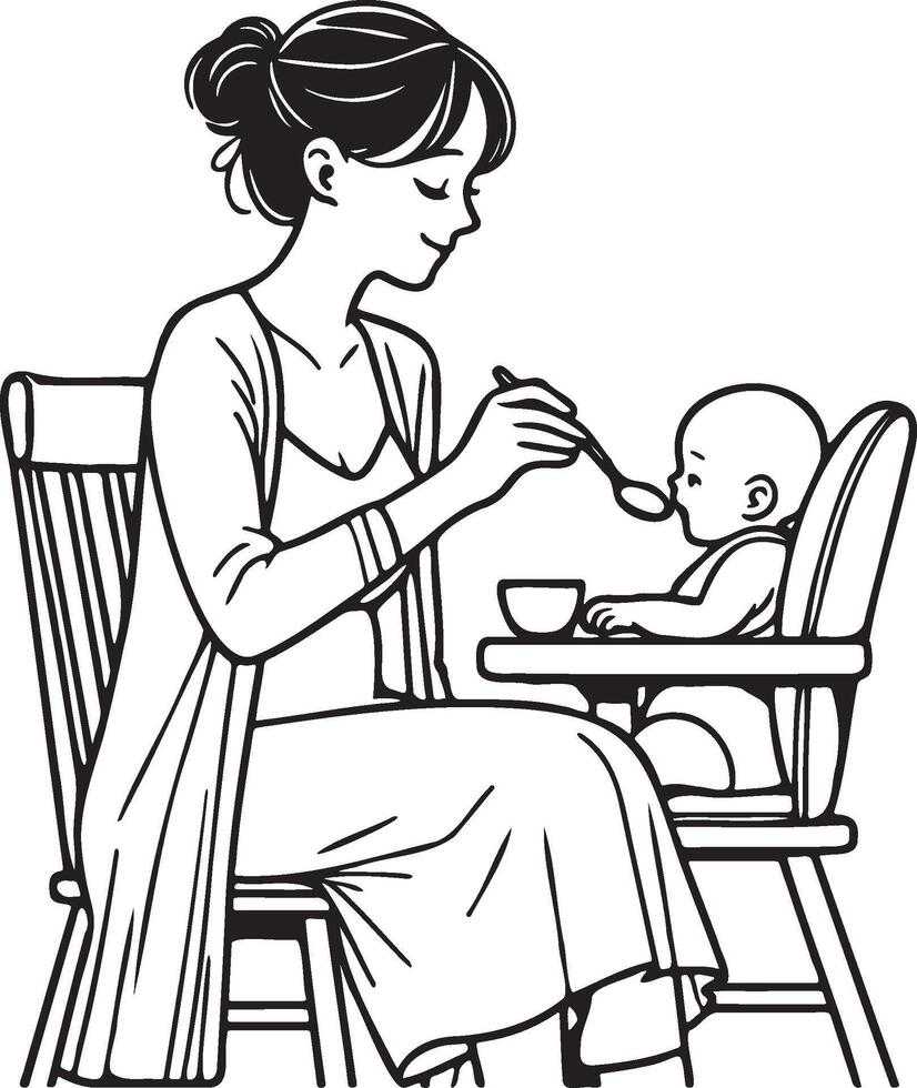Mother Feeding Line Illustration. vector