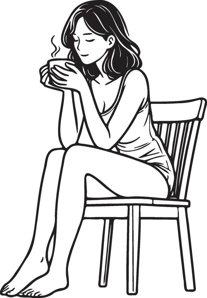 Woman Drink Coffee at Home Sketch Drawing. vector