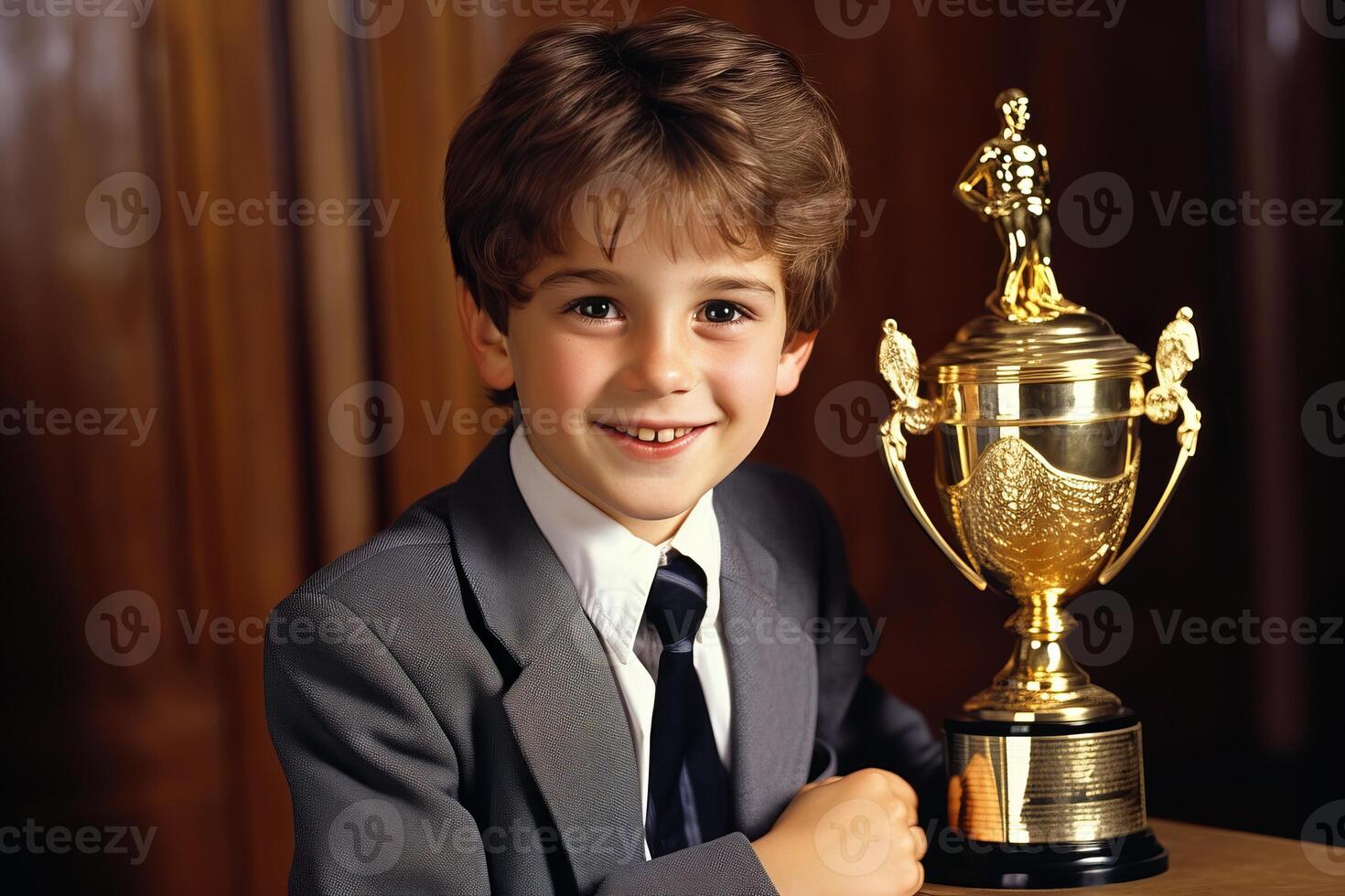AI generated Excited preteen boy triumphantly holding a champion cup, radiating happiness and pride photo