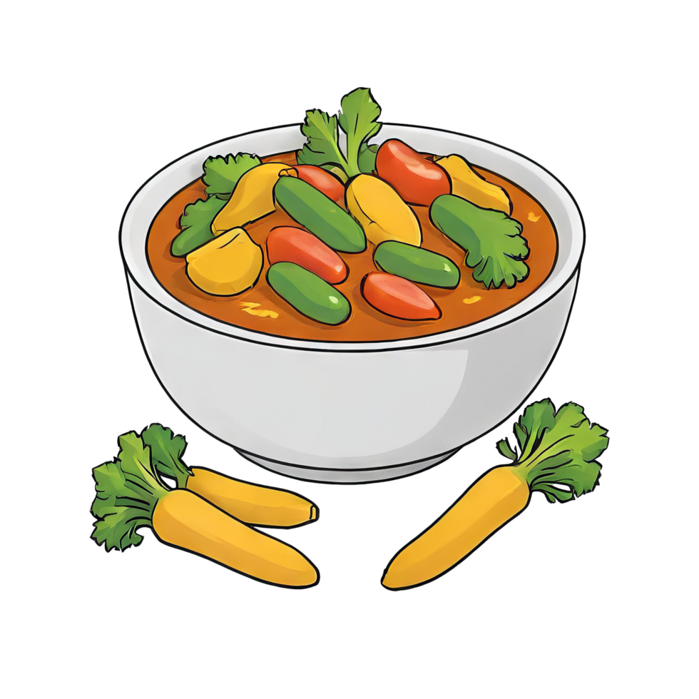 ai genererad blanda vegetabiliska curry hand dragen tecknad serie stil illustration png