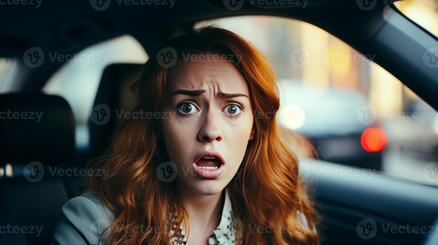 AI generated Scared woman driving car on blurred background with copy space, fearful female driver concept photo
